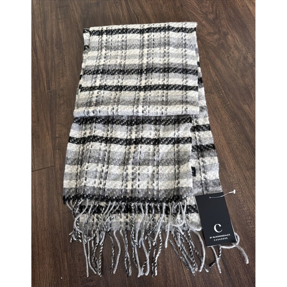 C By Bloomingdale's Women's Cashmere Tweed Plaid Scarf Black Gray Neutrals